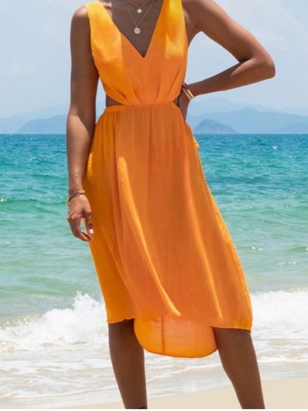 Cupshe Orange Sleeveless V-Neck High-Low Dress with Back Knot Size L Boho